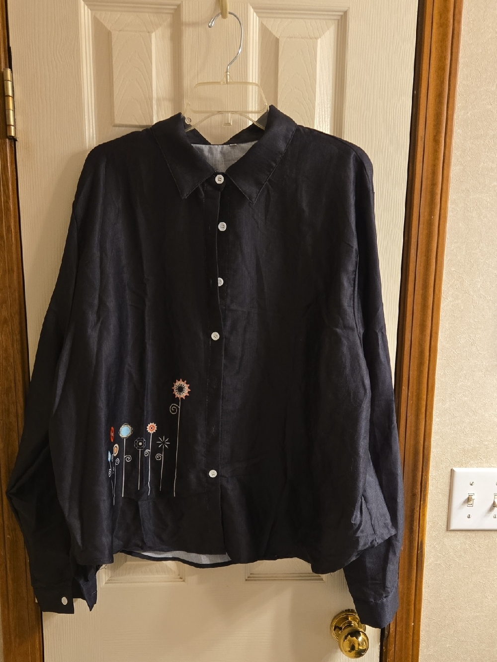 Classic Navy Button-Up Shirt Jacket with Embroidered Detail